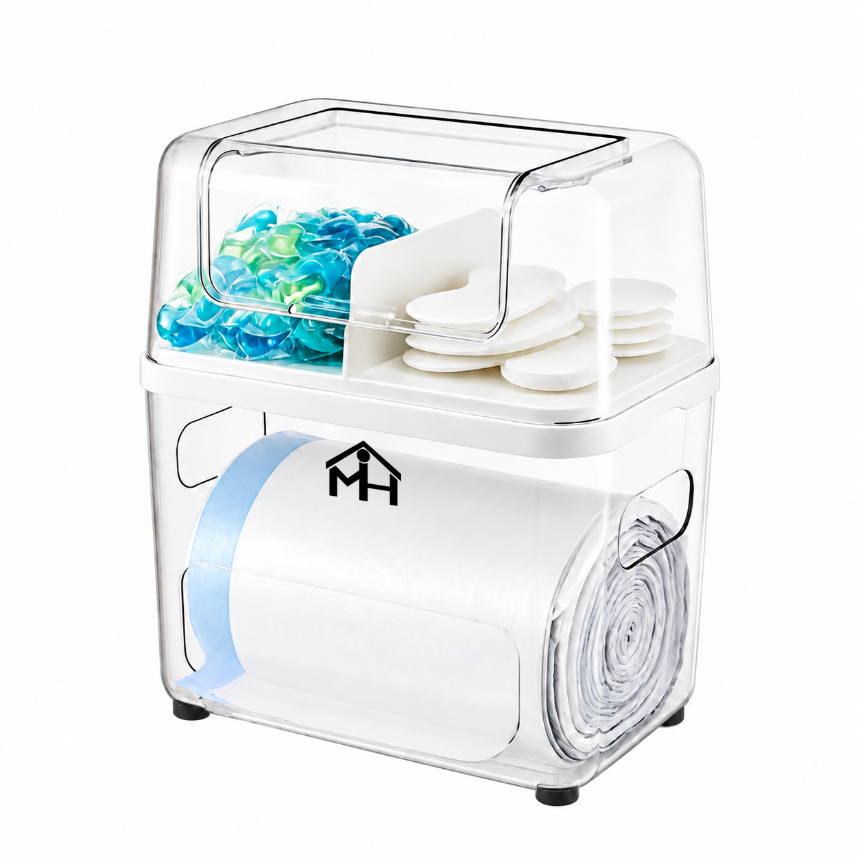 Clear MHome organizer with divided pod storage above a trash bag roll dispenser