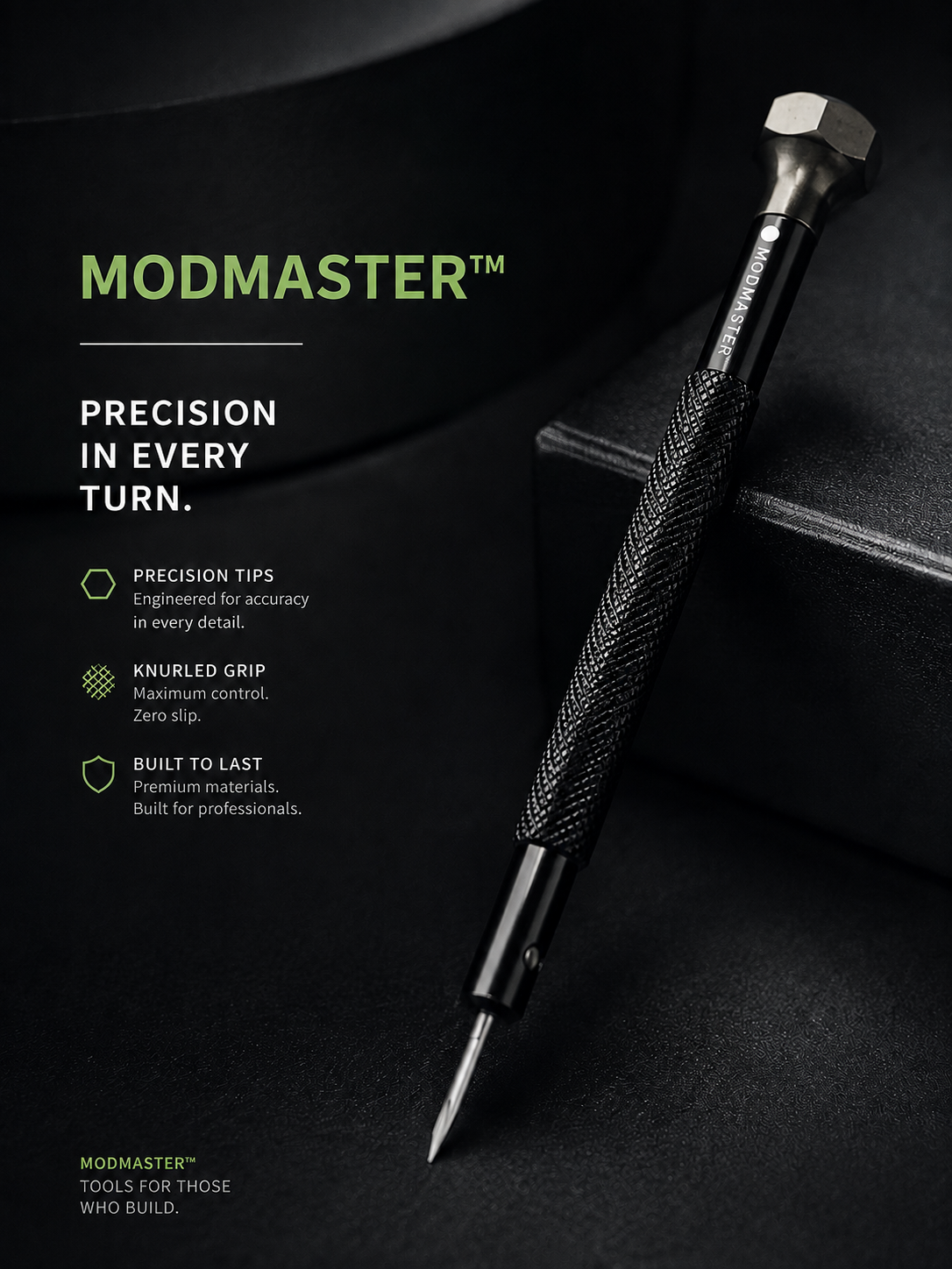 ModMaster Precision Watch Screwdriver &mdash; knurled grip, hardened tool-steel blade, on a dark studio backdrop